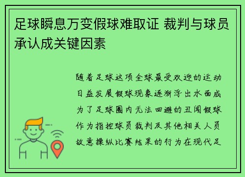 足球瞬息万变假球难取证 裁判与球员承认成关键因素