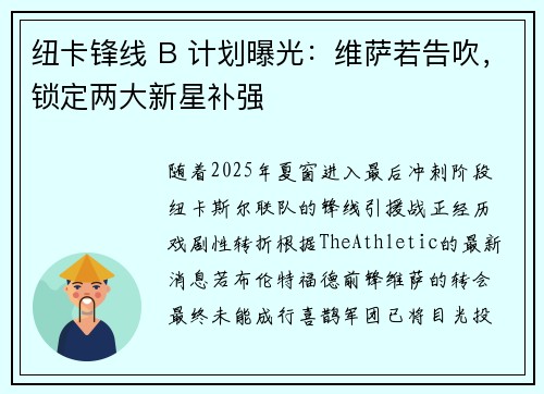 纽卡锋线 B 计划曝光：维萨若告吹，锁定两大新星补强