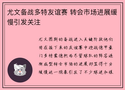 尤文备战多特友谊赛 转会市场进展缓慢引发关注